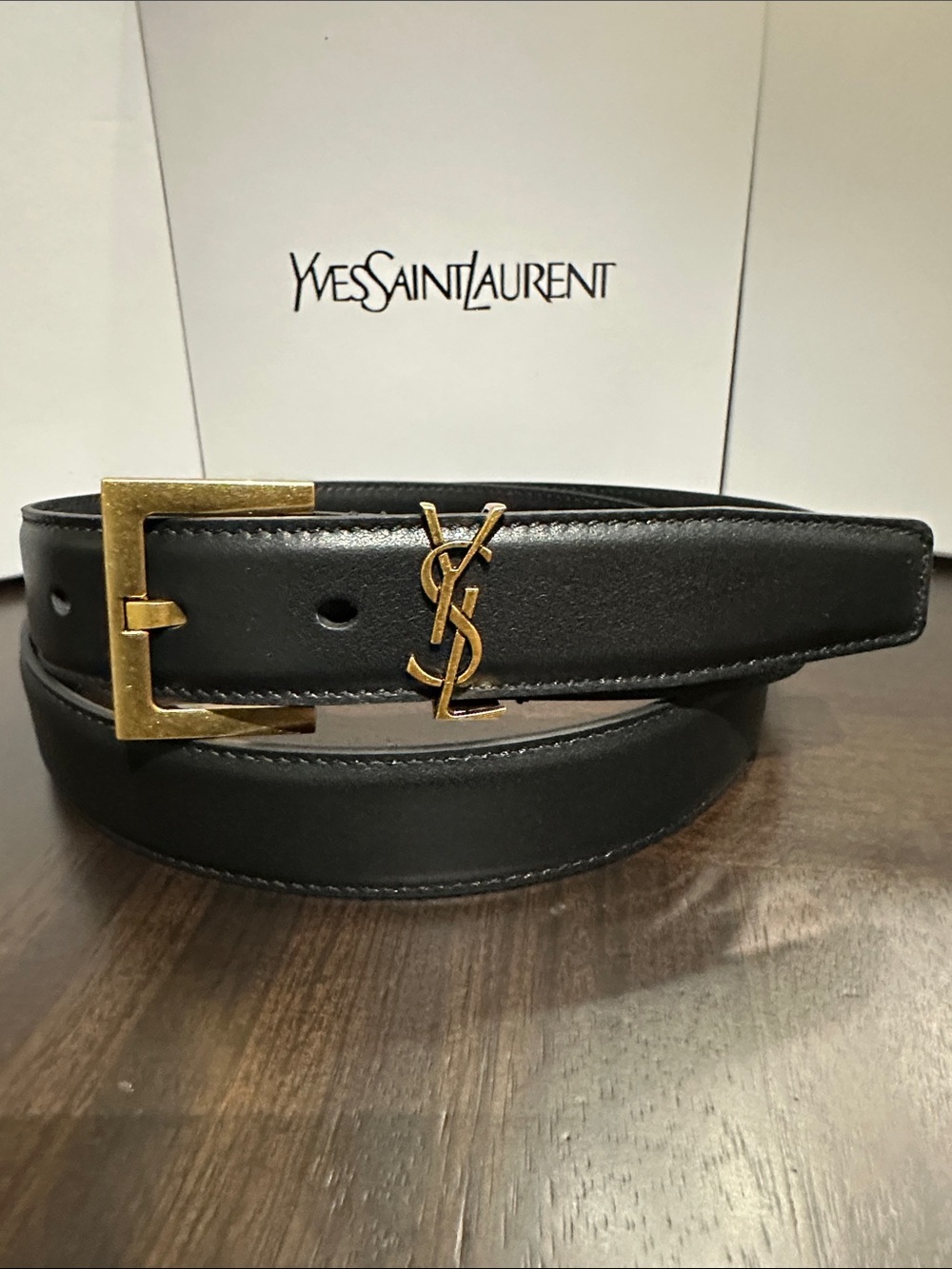 Yves Saint Laurent Black Leather Belt with Gold YSL Monogram Buckle